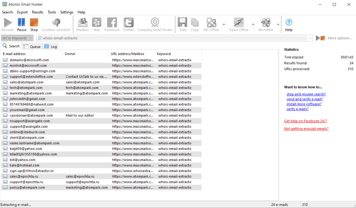 AtomPark Email Hunter: Known for its mass email extraction capabilities but falls short when it comes to advanced filtering options and ease of use.